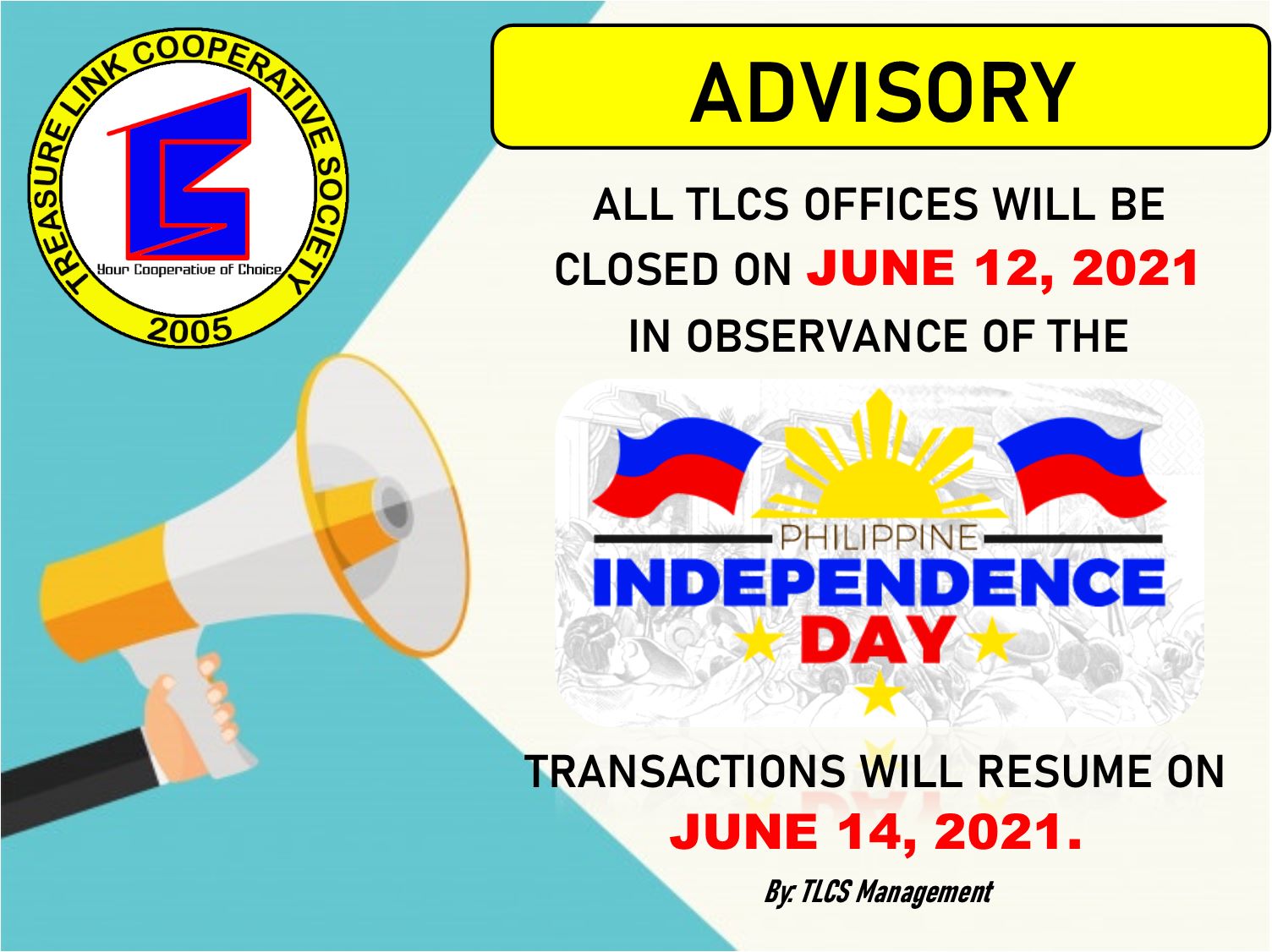 All Tlcs Offices Will Be Closed On June 12 𝟐𝟎𝟐𝟏 Treasure Link Cooperative Society